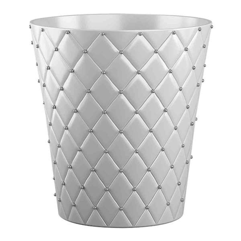 White Quilted Stud Wastebasket, 10.4″