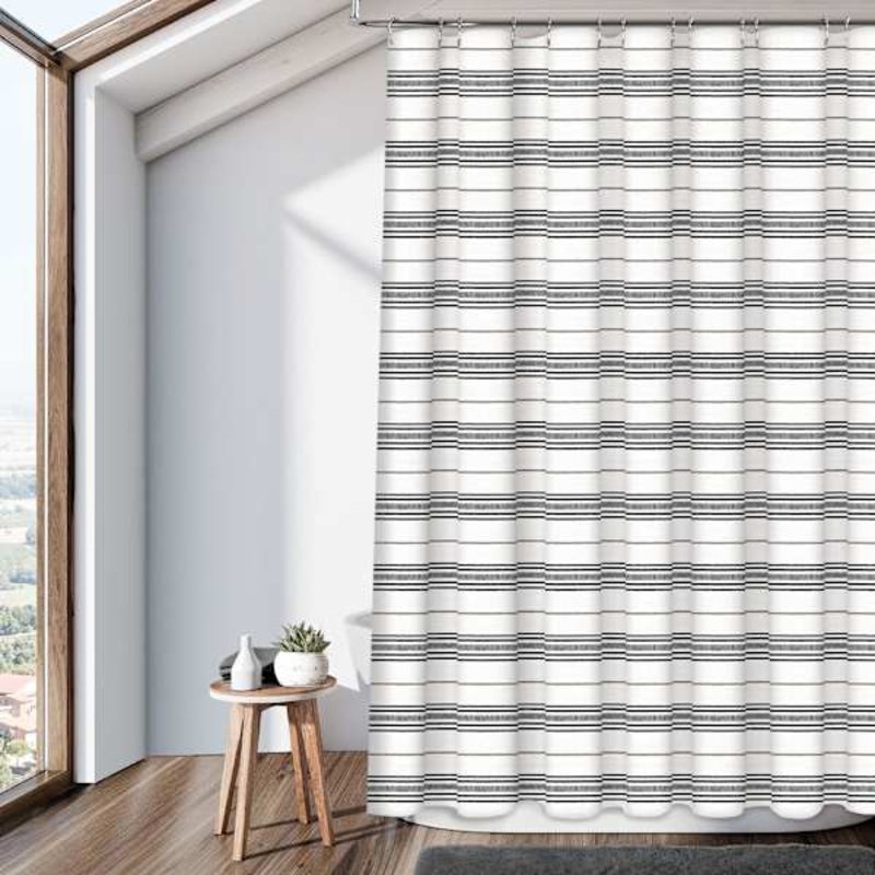 13-Piece Black Stripe Print Shower Curtain Set, 70×72