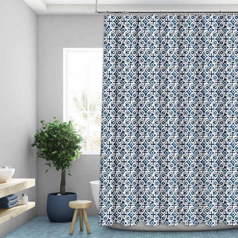 13-Piece Blue Damask Shower Curtain Set, 70×72