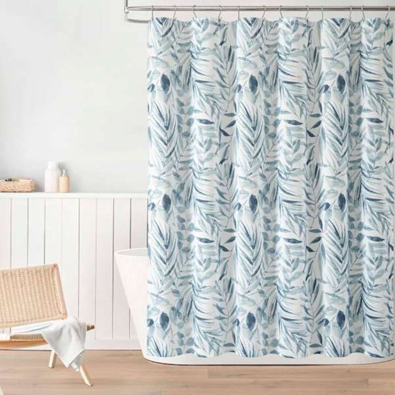 13-Piece Blue Palmyra Leaf Shower Curtain Set, 72″