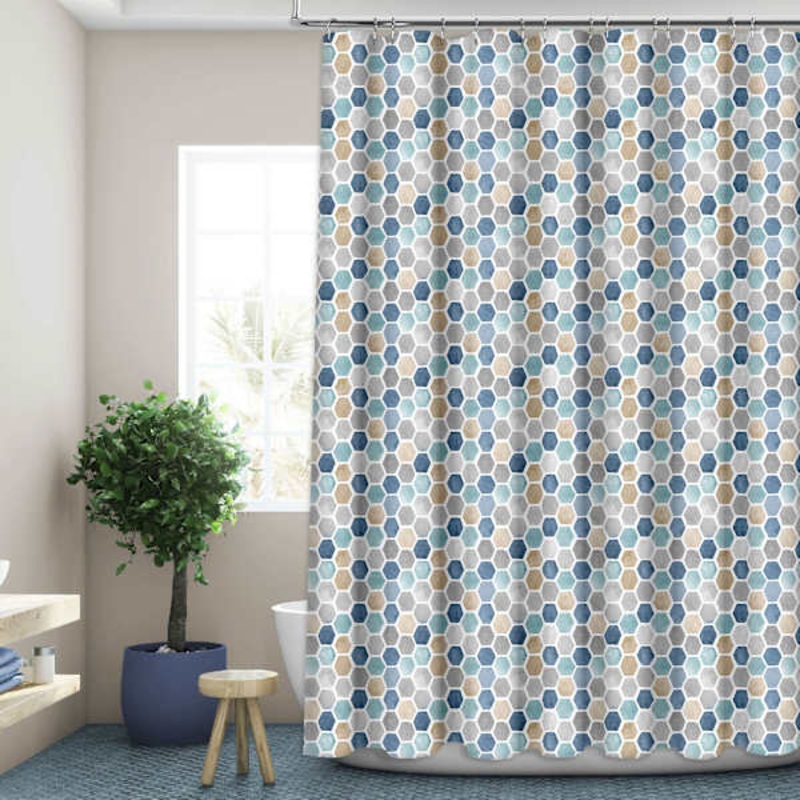 13-Piece Blue Pebble Print Shower Curtain Set, 72″
