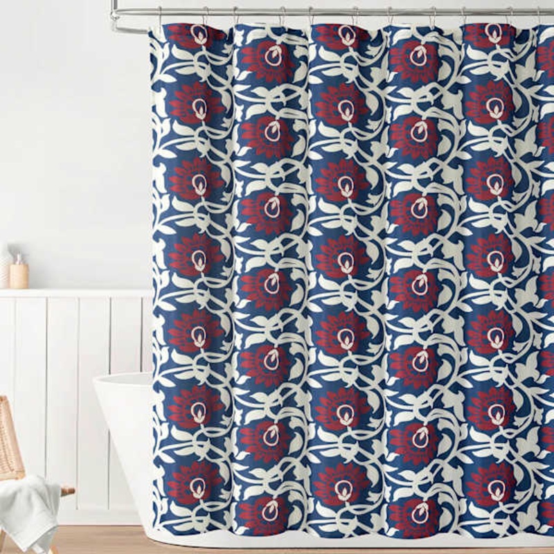 13-Piece Blue & Red Scroll Flower Shower Curtain Set, 72″