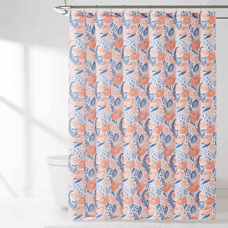 13-Piece Coral Poppy Garden Print Shower Curtain Set, 72″