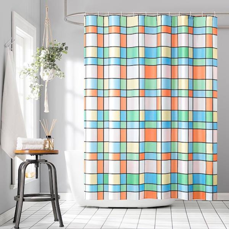 13-Piece Multicolor Retro Grid Shower Curtain Set, 70×72