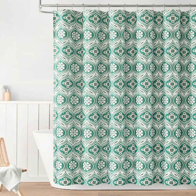13-Piece Teal Geo Folk Ornament Shower Curtain Set, 72″