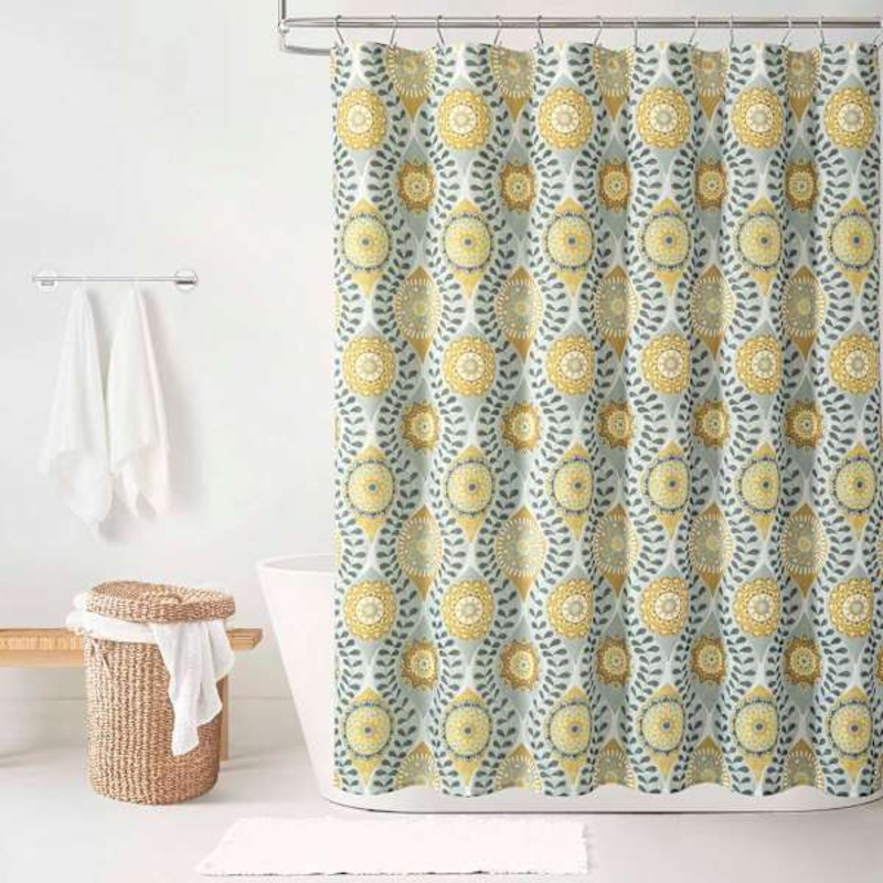 13-Piece Yellow & Grey Glendale Medallion Shower Curtain Set, 72″