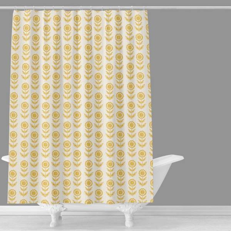 Yellow Flower Stamp Printed Shower Curtain, 72″