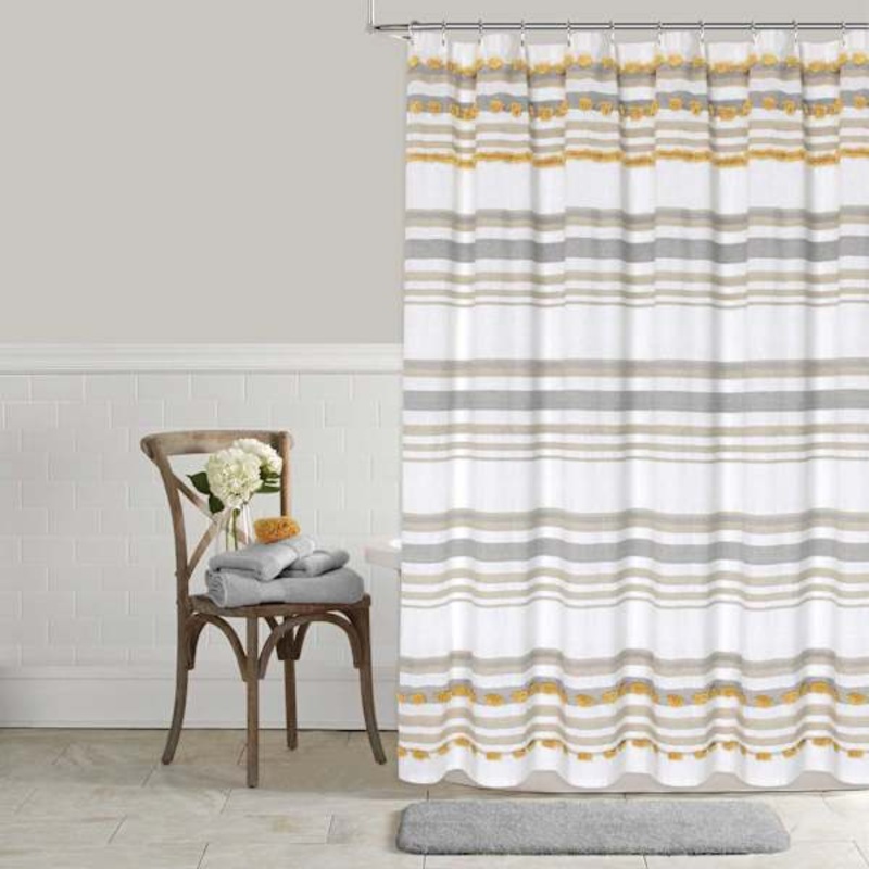 Yellow & Grey Tufted Striped Shower Curtain, 72″
