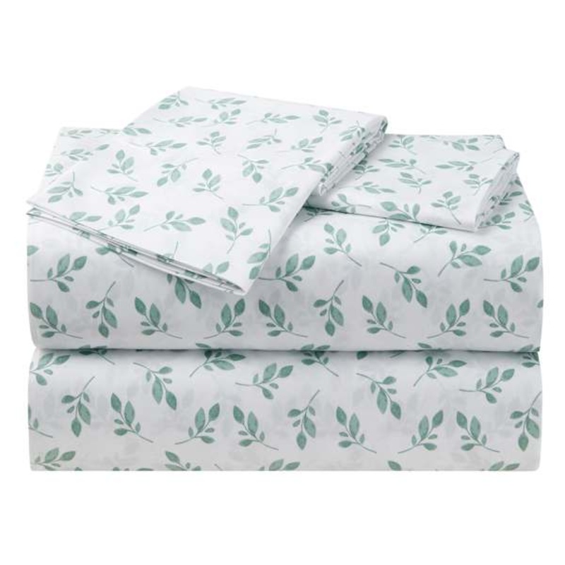 3-Piece White Eucalyptus Print Microfiber Essential Sheet Set, Twin