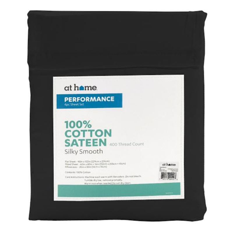 4-Piece Black 400 Thread Count Cotton Performance Sheet Set, Queen