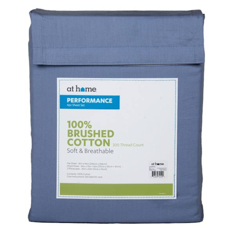4-Piece Blue 300 Thread Count 100% Brushed Cotton Percale Sheet Set, Full