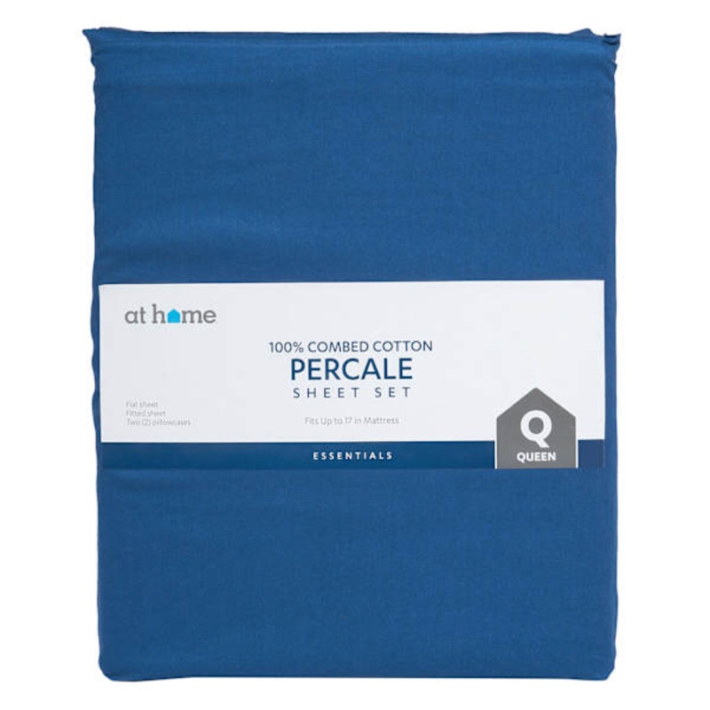 4-Piece Dark Blue 100% Cotton Percale Sheet Set, King