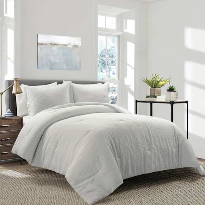 3-Piece Grey Waffle Comforter Set, Full/Queen