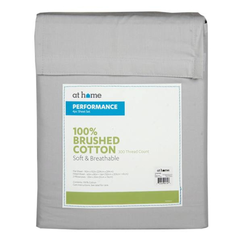 4-Piece Grey 300 Thread Count 100% Brushed Cotton Percale Sheet Set, Queen