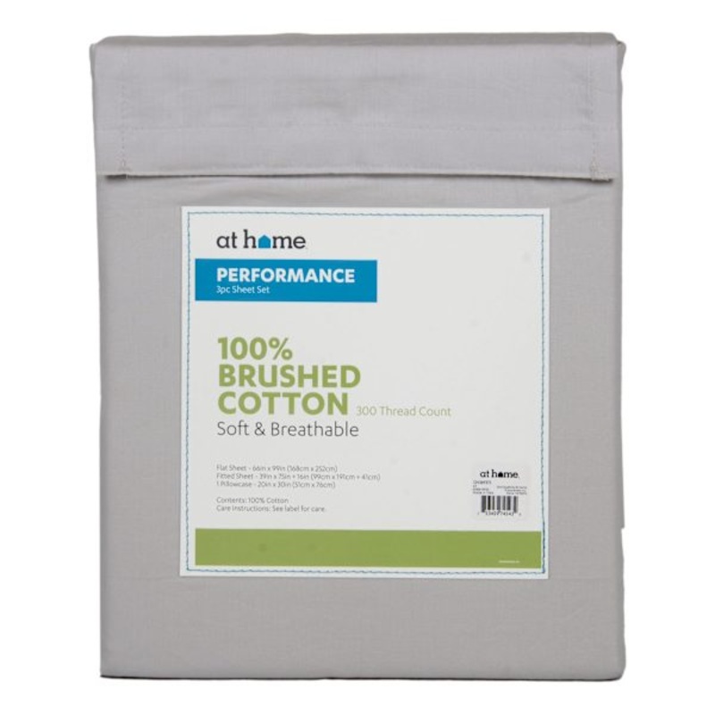 4-Piece Grey 300 Thread Count 100% Brushed Cotton Percale Sheet Set, Twin