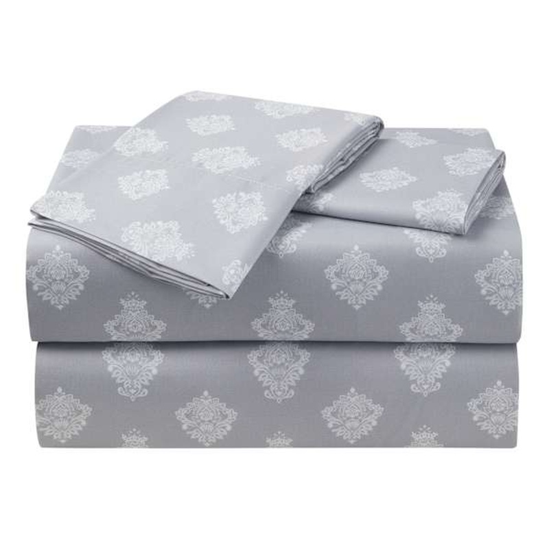 4-Piece Grey Damask Print Microfiber Essential Sheet Set, King