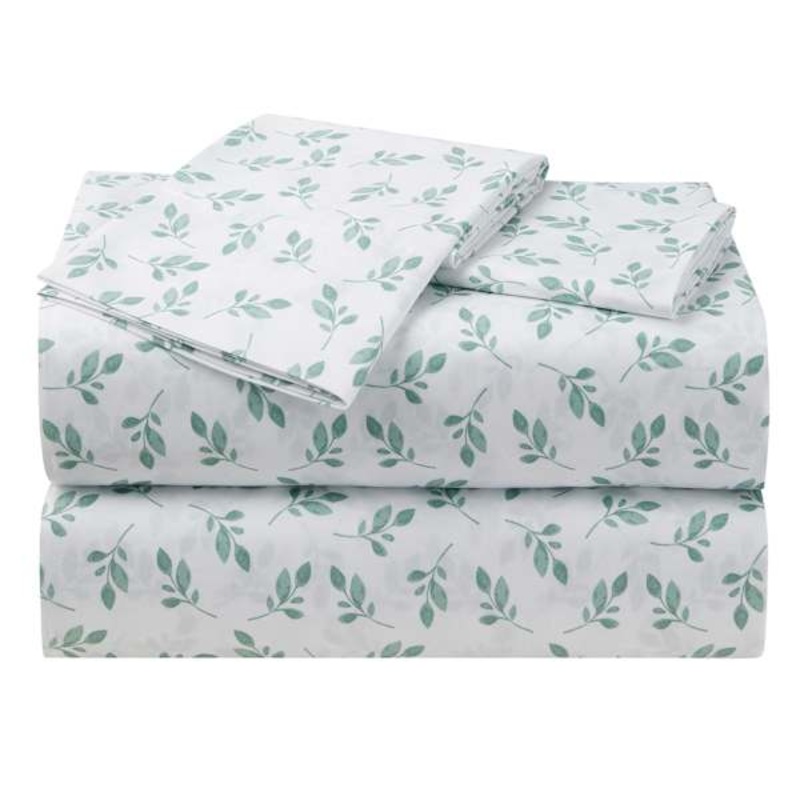4-Piece White Eucalyptus Print Microfiber Essential Sheet Set, King