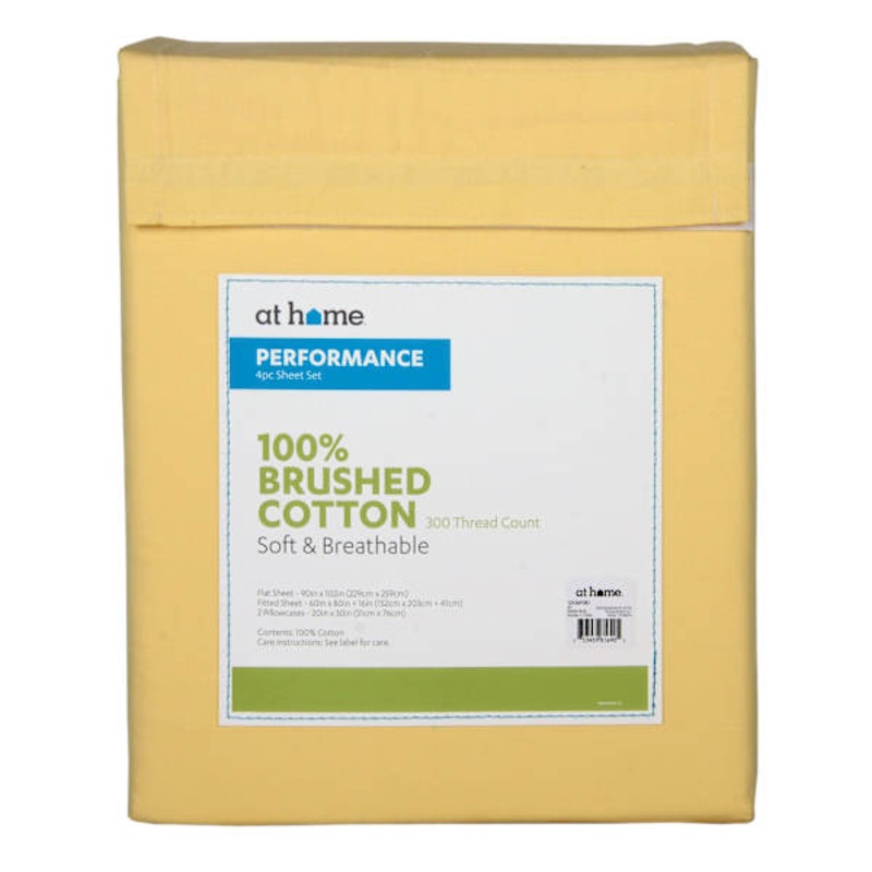 4-Piece Yellow 300 Thread Count 100% Cotton Percale Brushed Sheet Set, Queen