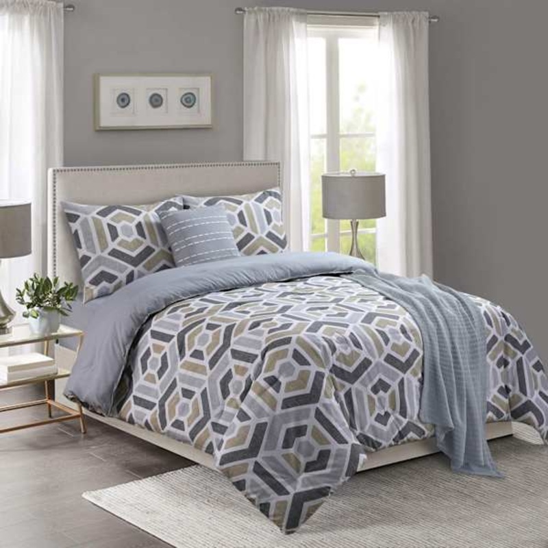 5-Piece Grey & Yellow Geo Print Comforter Set, Full/Queen