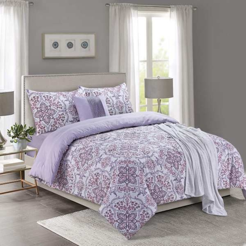 5-Piece Pink & Purple Distressed Medallion Print Comforter Set, Full/Queen