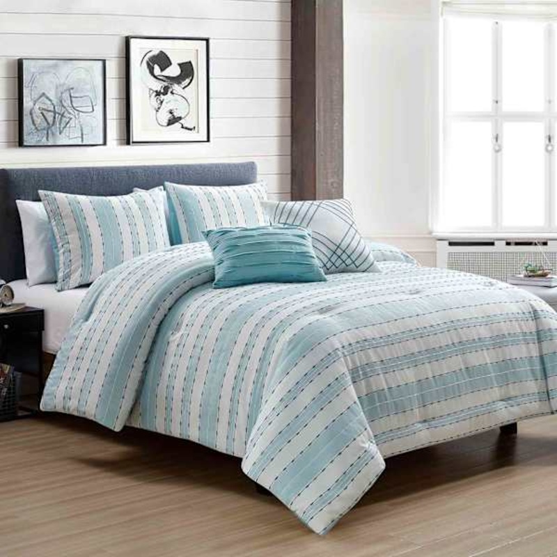 5-Piece Tucson Blue & White Jacquard Striped Comforter Set, King