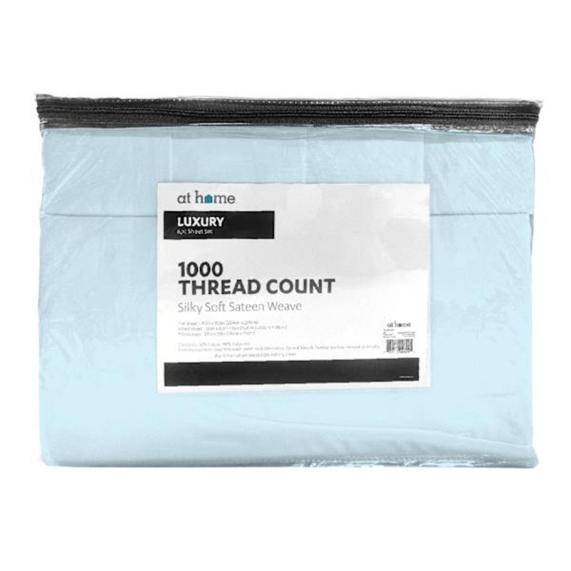 6-Piece Baby Blue 1000 Thread Count Luxury Sateen Sheet Set, Queen