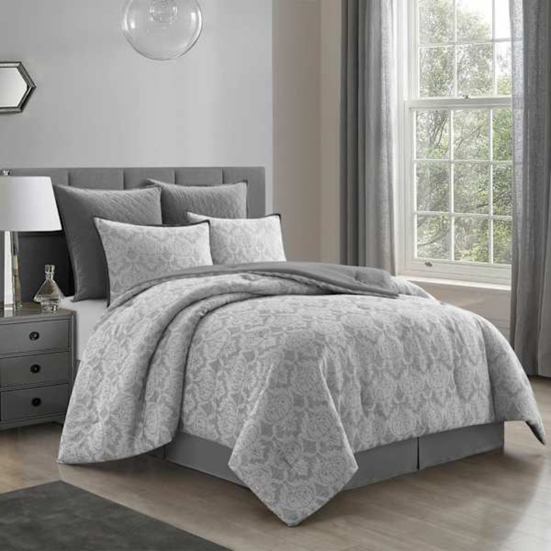 6-Piece Grey & White Jacquard Comforter Set, Queen