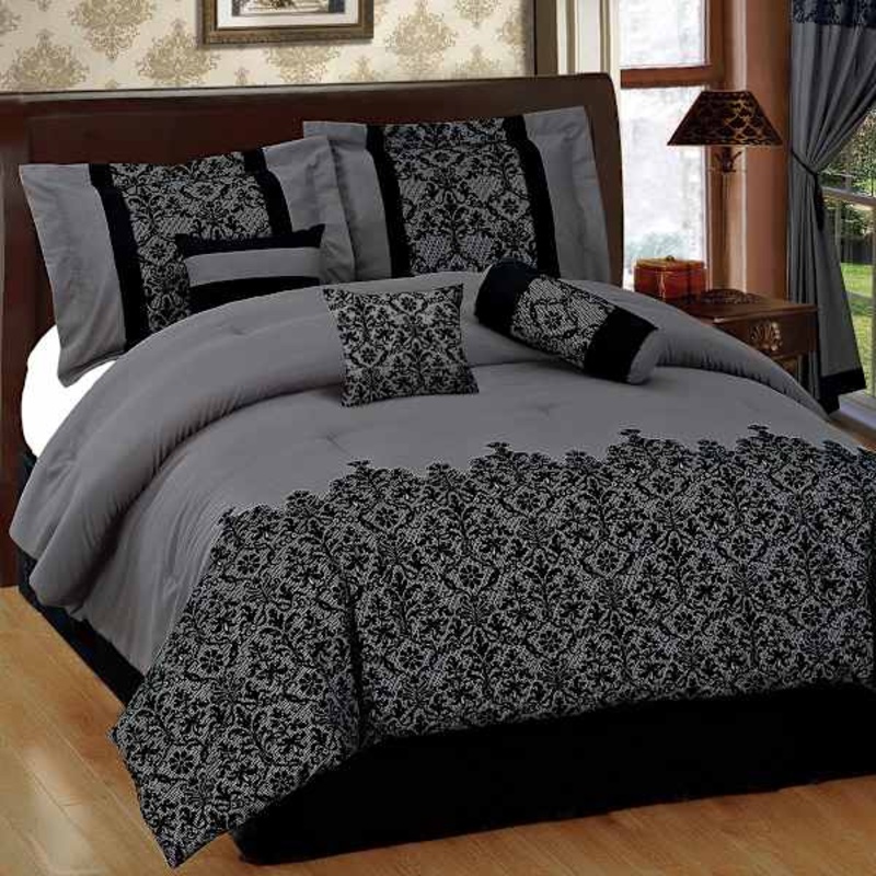 7-Piece Grey Deluxe Flocked Lace Premium Comforter Set, King