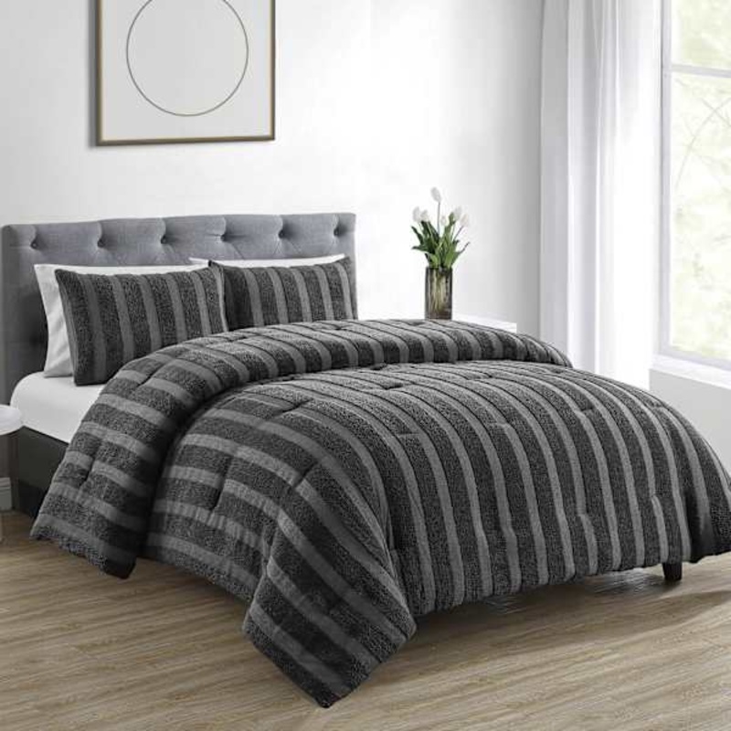 3-Piece Dark Grey Tufted Corduroy Stripe Comforter Set, Full/Queen