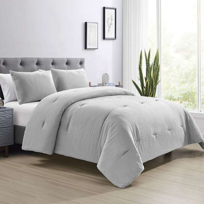 3-Piece Grey Textured Poly Gauze Comforter Set, Queen