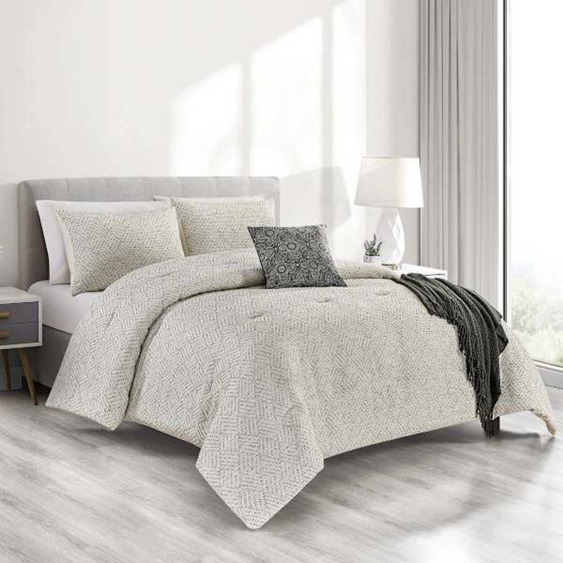 5-Piece White Grid Jacquard Comforter Set, King