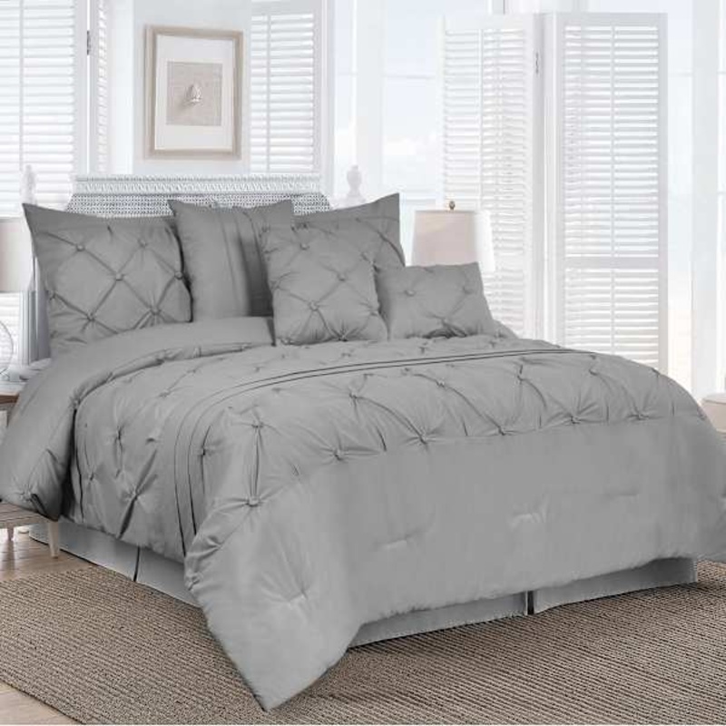 7-Piece Grey Embroidered Pleated Comforter Set, King