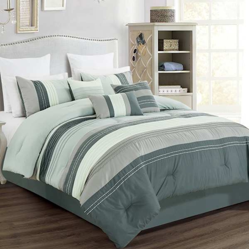 7-Piece Grey Striped Embellished Comforter Set, King