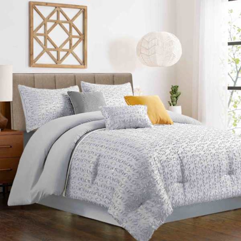 7-Piece Jacquard Grey Comforter Set, Queen