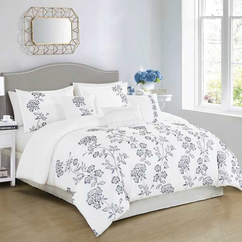 7-Piece Josephine White Floral Design Comforter Set, Queen