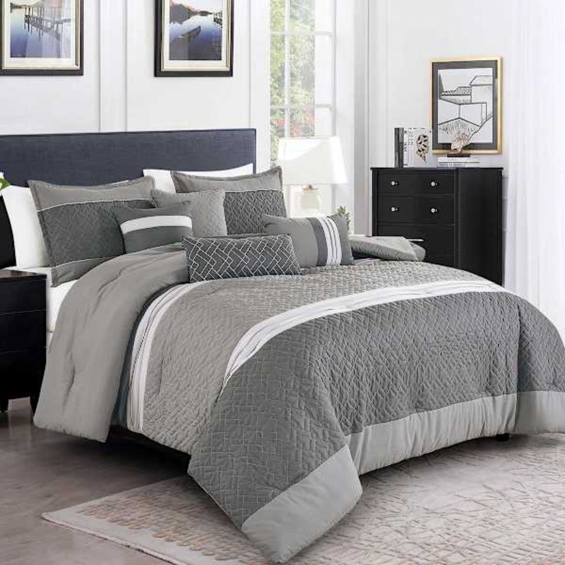 7-Piece Parker Grey Striped Comforter Set, Queen