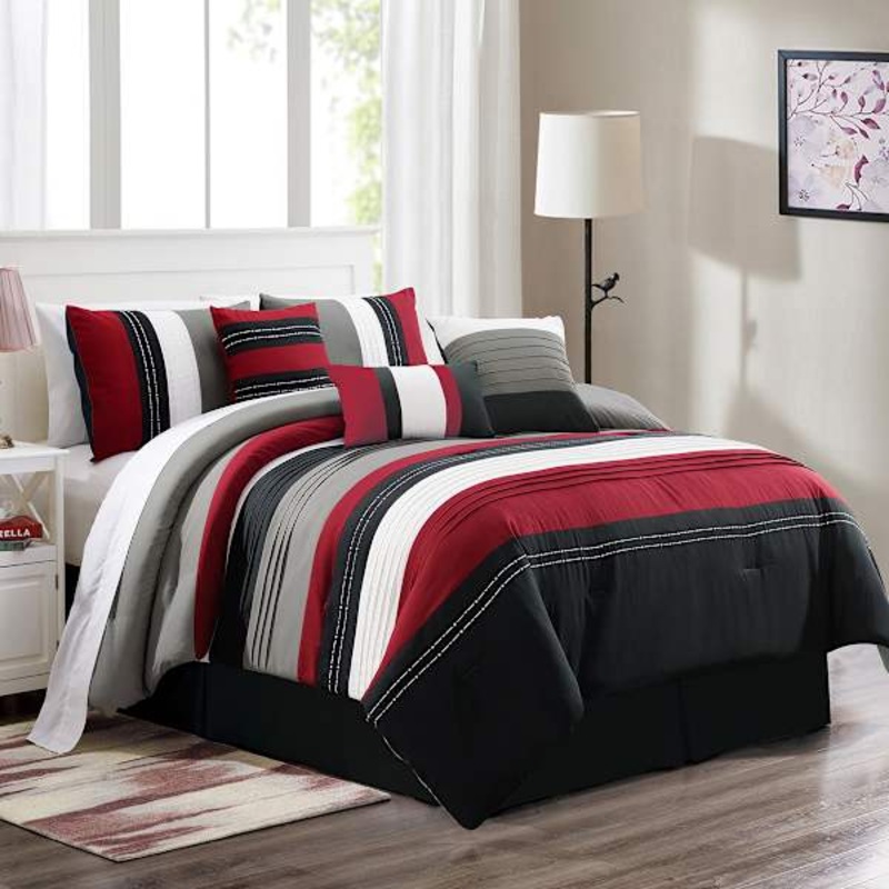 7-Piece Red & Black Embroidered Pintuck Premium Comforter Set, Queen