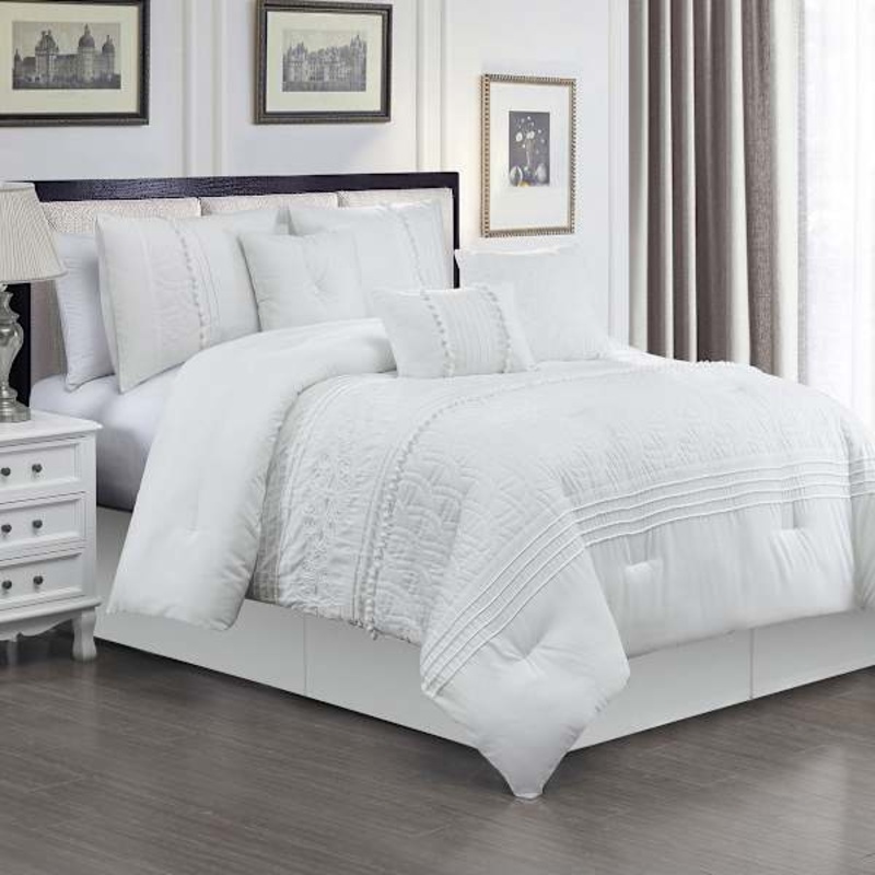 7-Piece White Embroidered Premium Comforter Set, Queen