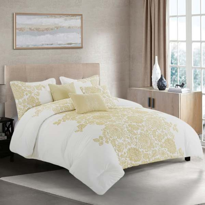 7-Piece White Floral Jacquard Comforter Set, King