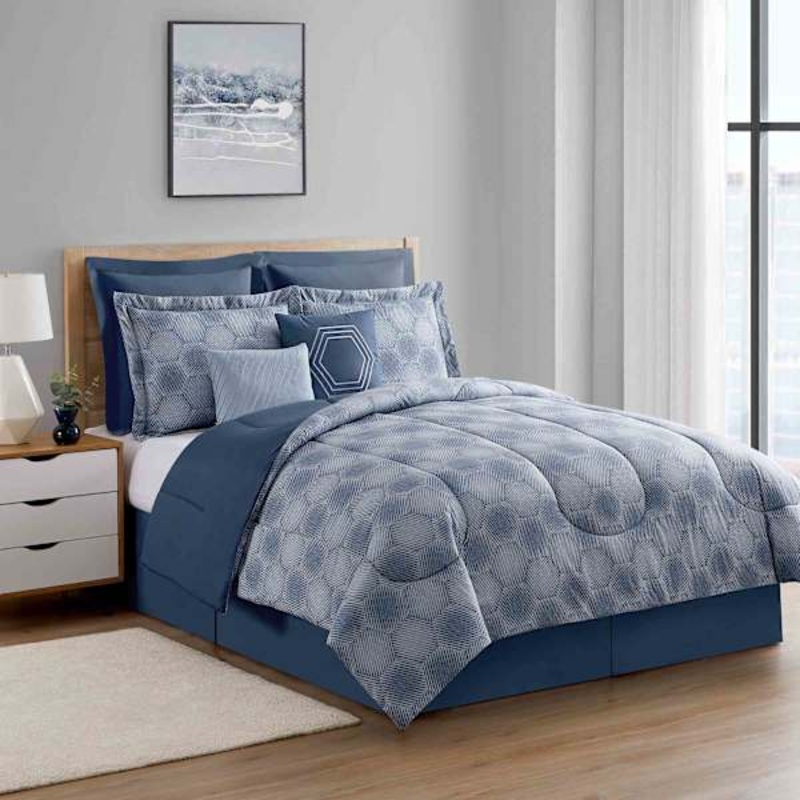 8-Piece Blue Hexagon Striped Essential Comforter Set, Full