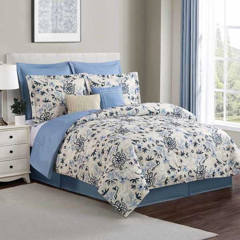 8-Piece Blue & White Floral Linen Essential Comforter Set, Queen