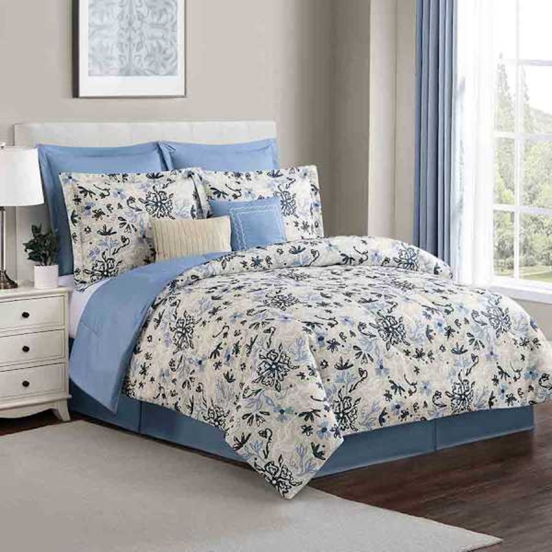 8-Piece Blue & White Floral Linen Essential Comforter Set, Twin
