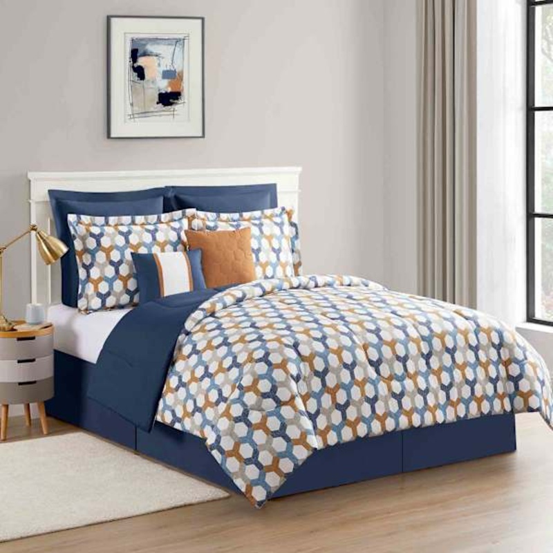 8-Piece Elle Multicolor Lattice Design Essential Comforter Set, Queen