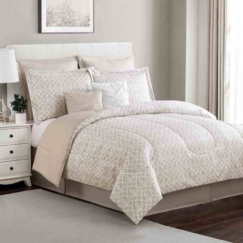 8-Piece Jenna Natural Lattice Print Essential Comforter Set, Full