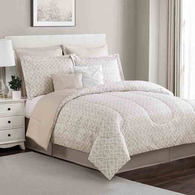 8-Piece Jenna Natural Lattice Print Essential Comforter Set, Queen