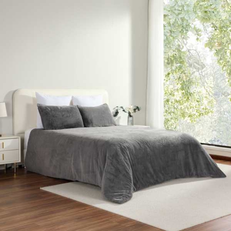 3-Piece Dark Grey Faux Fur Comforter Set, King