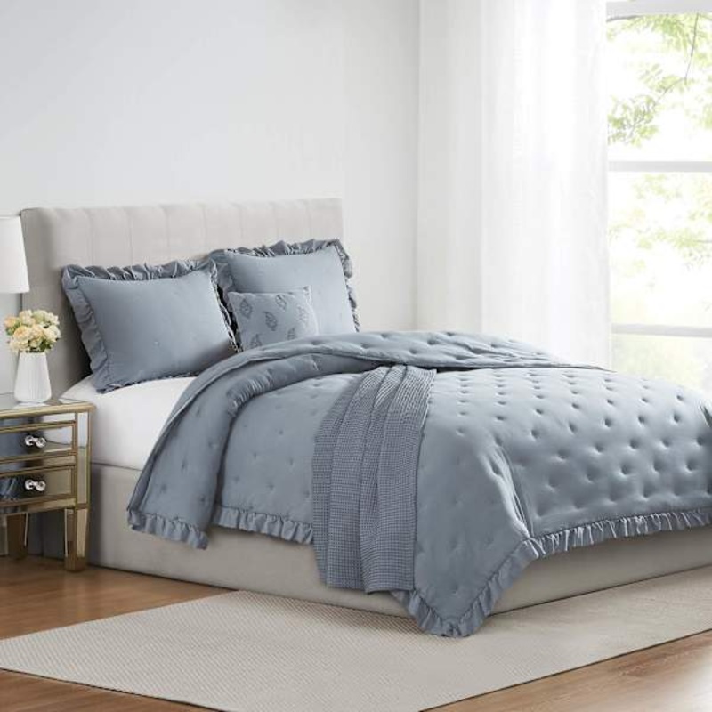 5-Piece Light Blue Garment Washed Ruffle Comforter Set, Full/Queen
