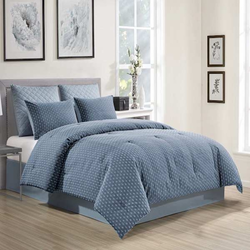 6-Piece Blue Woven Clipped Jacquard Comforter Set, King