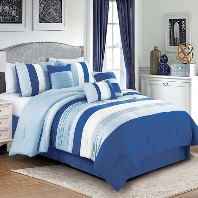 7-Piece Blue Striped Comforter Set, King