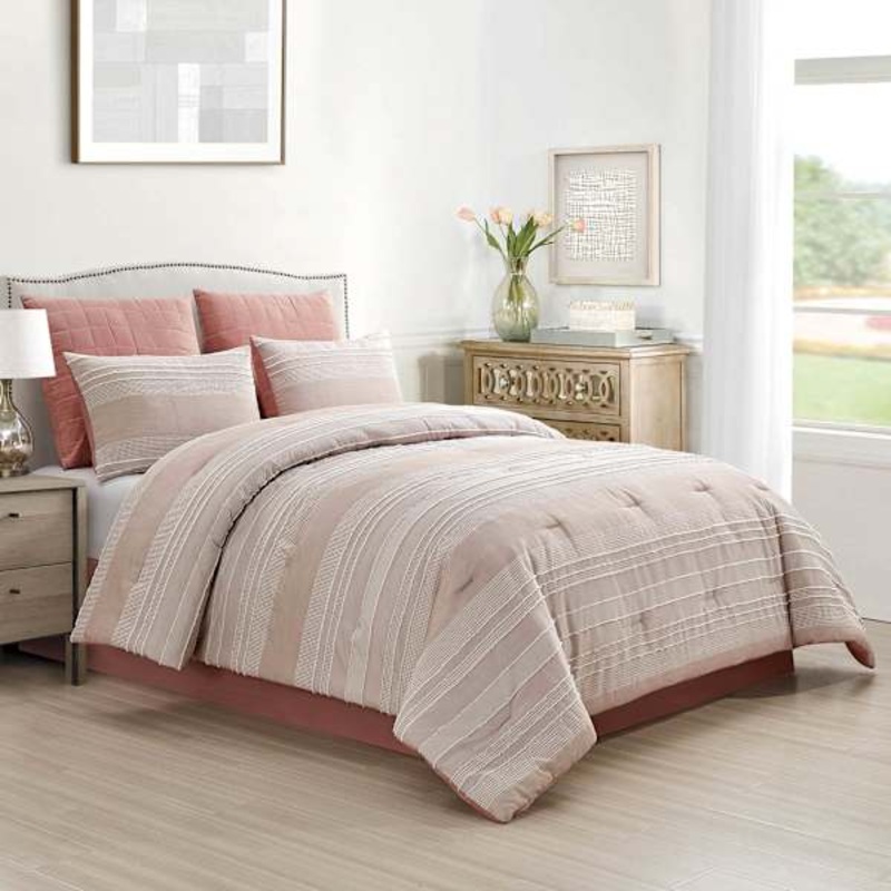 7-Piece Pink Waffle Design with Raw Edge Comforter Set, King